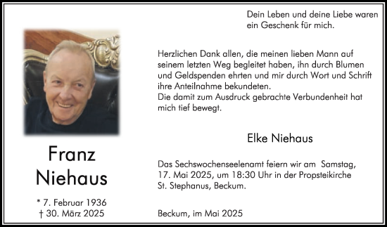 Traueranzeige von Franz Niehaus von Die Glocke