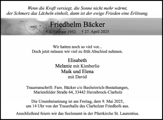 Traueranzeige von Friedhelm Bäcker von Die Glocke