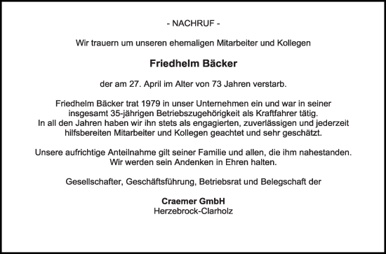 Traueranzeige von Friedhelm Bäcker von Die Glocke