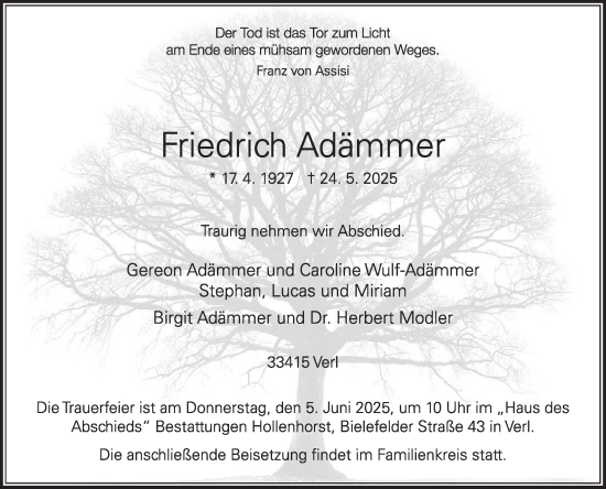 Traueranzeige von Friedrich Adämmer von Die Glocke