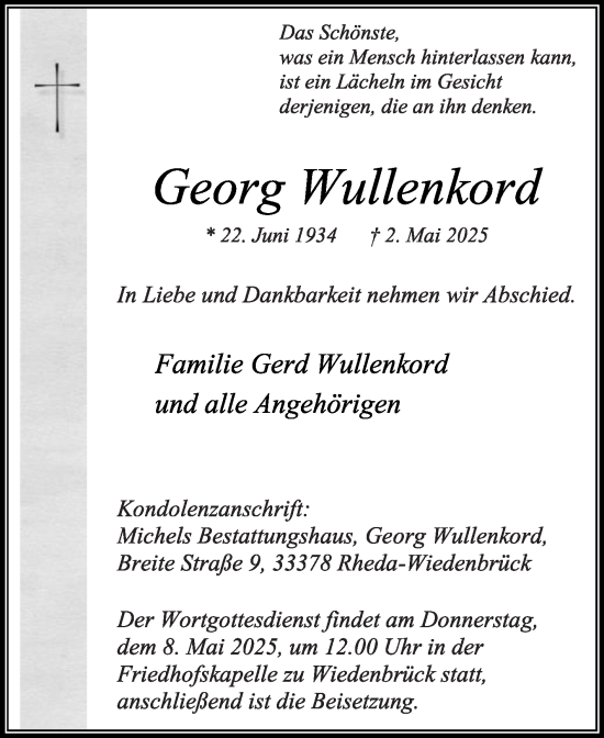 Traueranzeige von Georg Wullenkord von Die Glocke