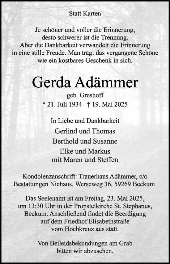 Traueranzeige von Gerda Adämmer von Die Glocke