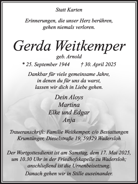 Traueranzeige von Gerda Weitkemper von Die Glocke