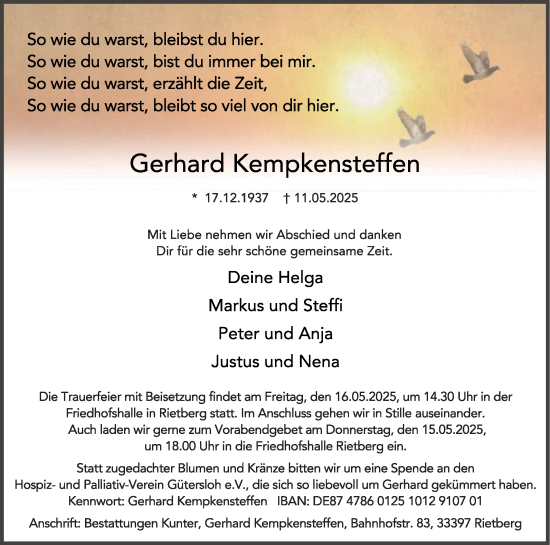Traueranzeige von Gerhard Kempkensteffen von Die Glocke
