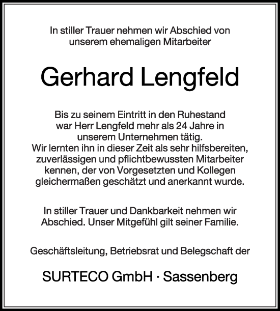 Traueranzeige von Gerhard Lengfeld von Die Glocke
