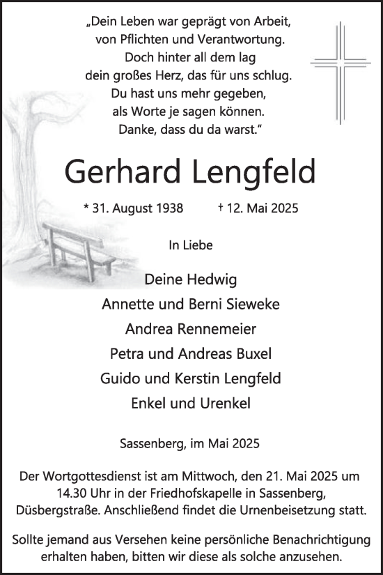 Traueranzeige von Gerhard Lengfeld von Die Glocke