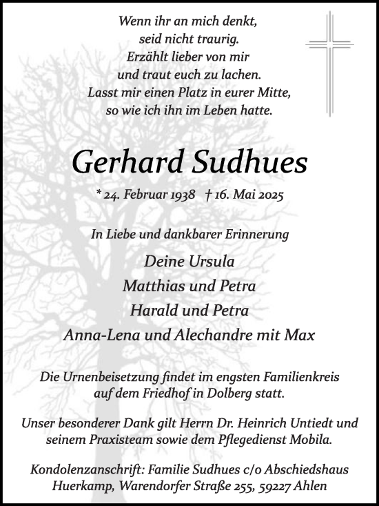 Traueranzeige von Gerhard Sudhues von Die Glocke