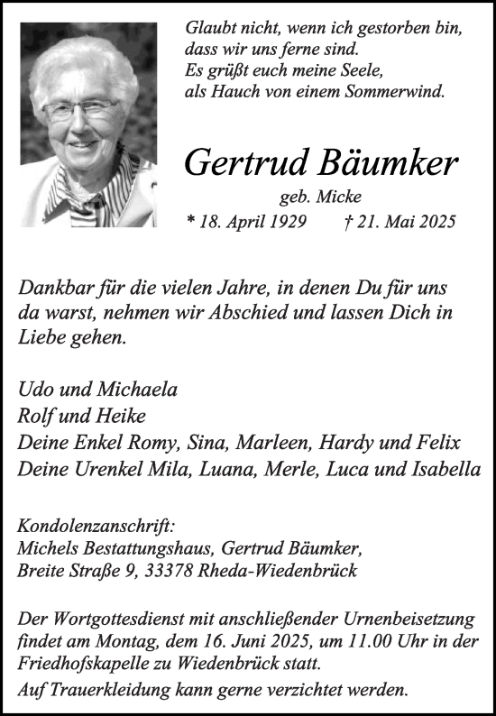 Traueranzeige von Gertrud Bäumker von Die Glocke