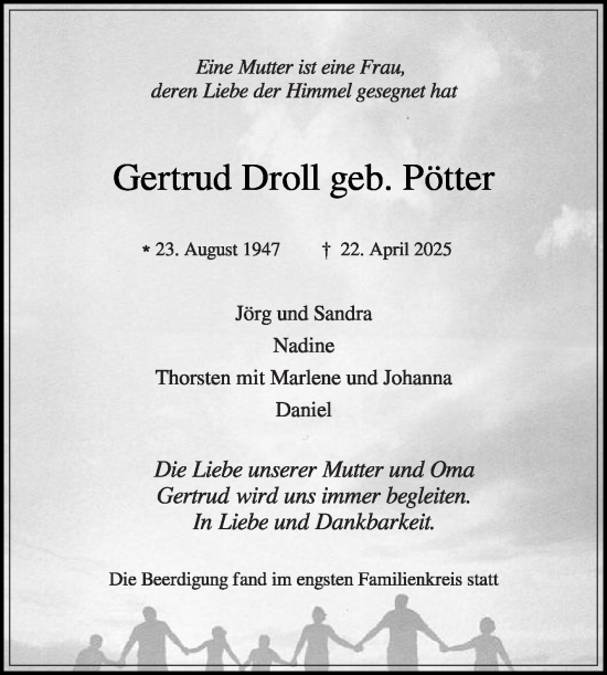 Traueranzeige von Gertrud Droll von Die Glocke