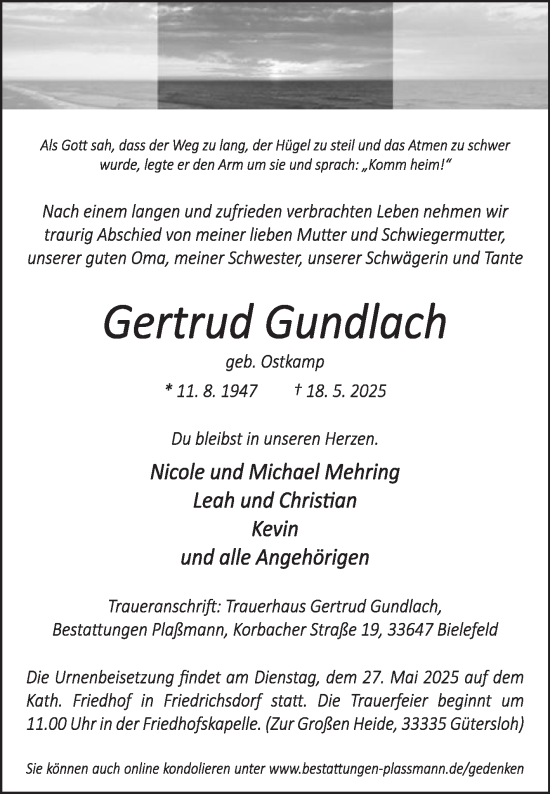 Traueranzeige von Gertrud Gundlach von Die Glocke