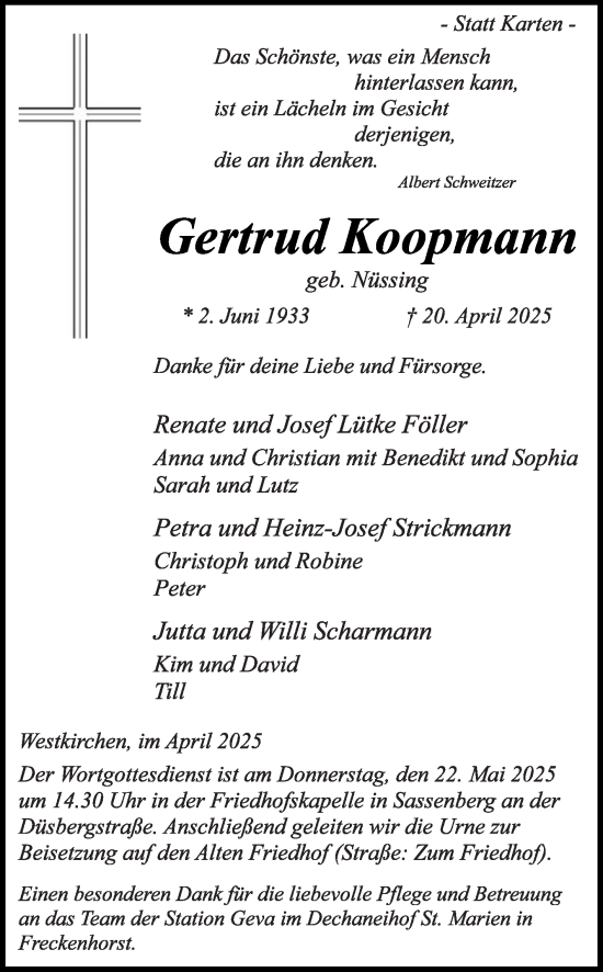 Traueranzeige von Gertrud Koopmann von Die Glocke