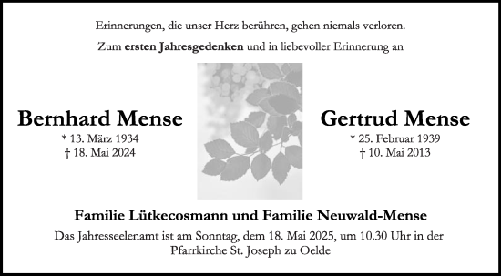 Traueranzeige von Gertrud Mense von Die Glocke