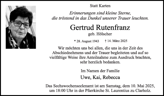 Traueranzeige von Gertrud Rutenfranz von Die Glocke