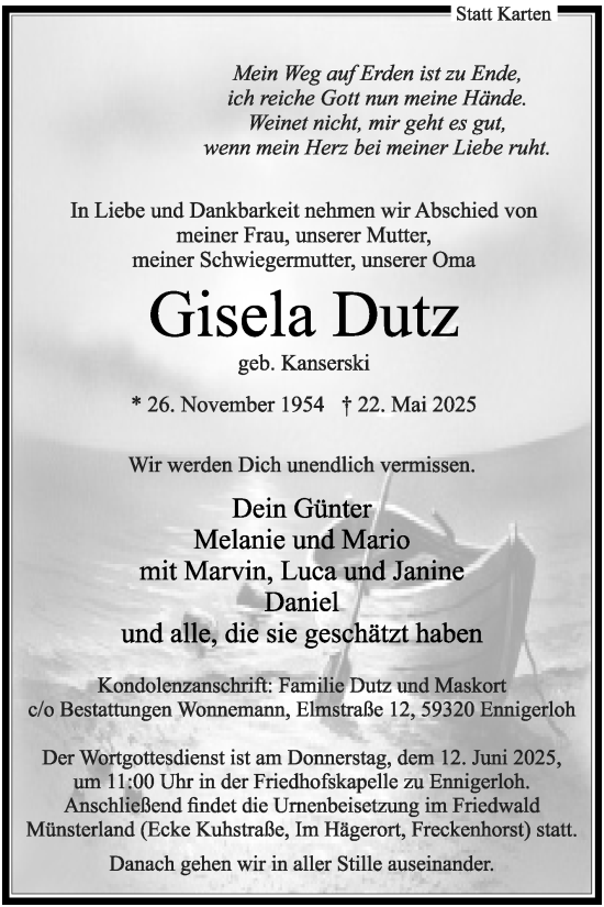Traueranzeige von Gisela Dutz von Die Glocke