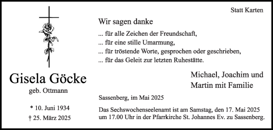 Traueranzeige von Gisela Göcke von Die Glocke