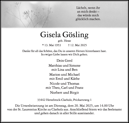 Traueranzeige von Gisela Gösling von Die Glocke