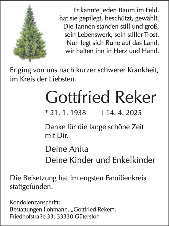 Traueranzeige von Gottfried Reker von Die Glocke