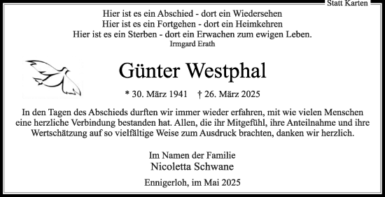 Traueranzeige von Günter Westphal von Die Glocke