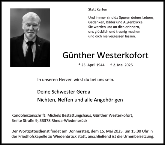 Traueranzeige von Günther Westerkofort von Die Glocke