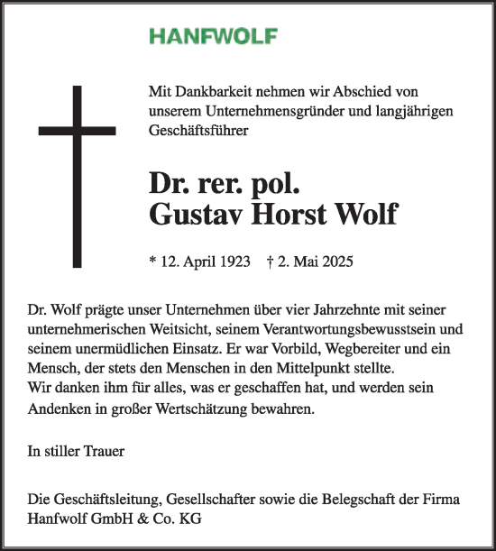 Traueranzeige von Gustav Horst Wolf von Die Glocke
