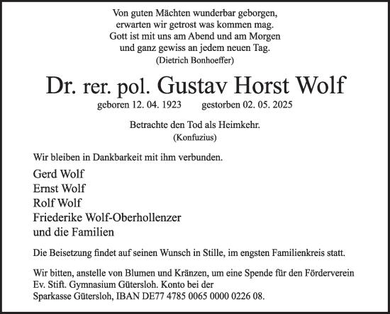 Traueranzeige von Gustav Horst Wolf von Die Glocke