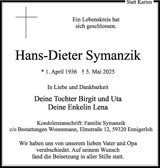 Traueranzeige von Hans-Dieter Symanzik von Die Glocke