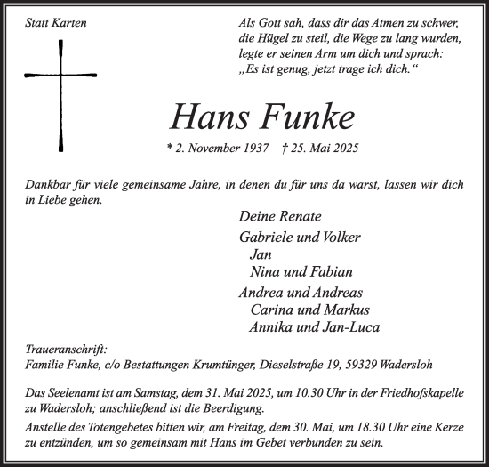 Traueranzeige von Hans Funke von Die Glocke