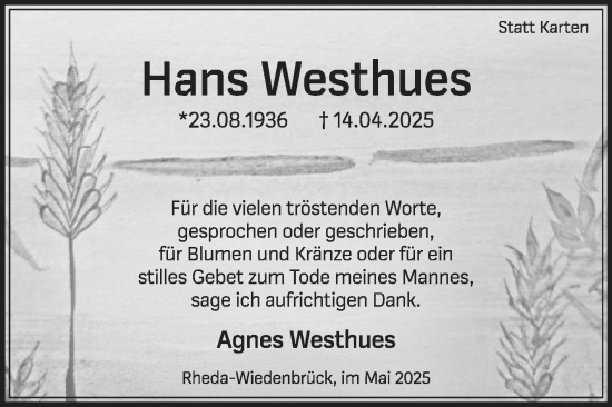 Traueranzeige von Hans Westhues von Die Glocke