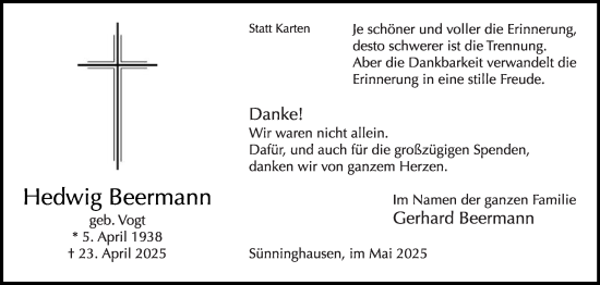 Traueranzeige von Hedwig Beermann von Die Glocke