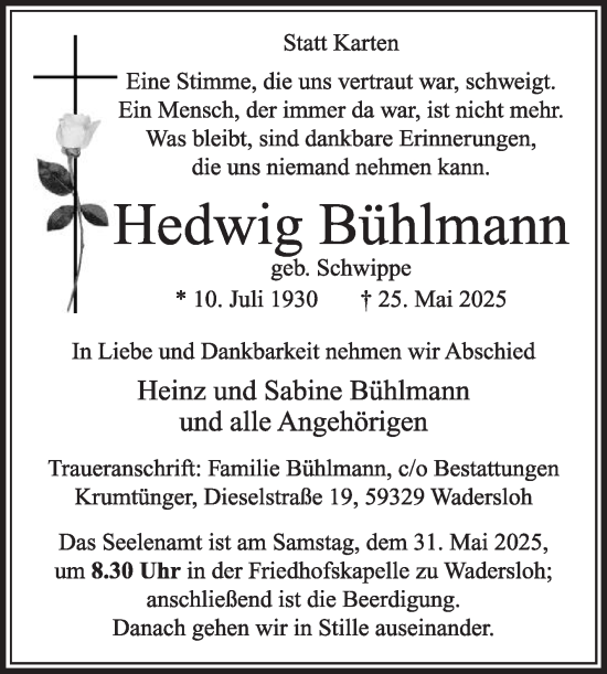 Traueranzeige von Hedwig Bühlmann von Die Glocke