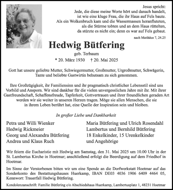 Traueranzeige von Hedwig Bütfering von Die Glocke