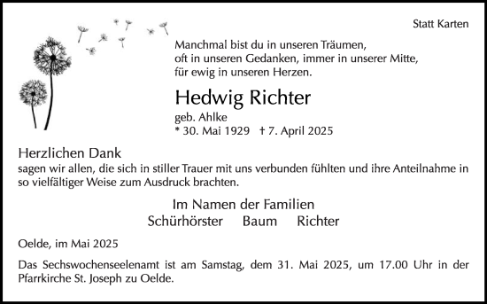 Traueranzeige von Hedwig Richter von Die Glocke