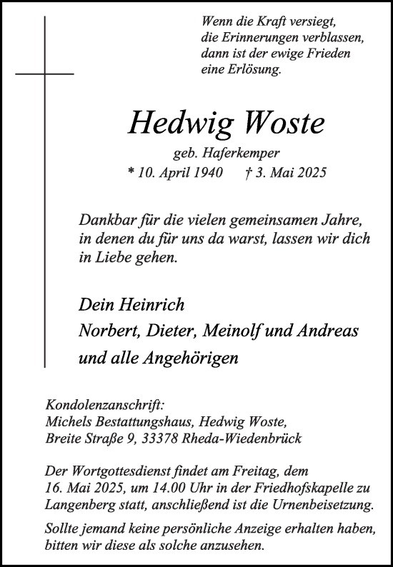 Traueranzeige von Hedwig Woste von Die Glocke