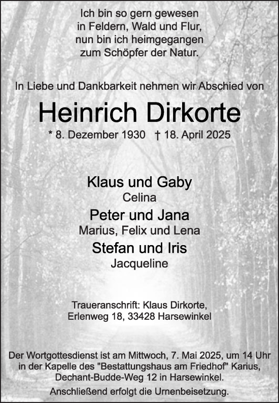 Traueranzeige von Heinrich Dirkorte von Die Glocke