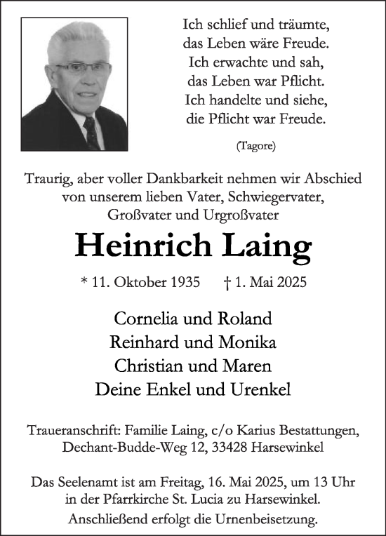 Traueranzeige von Heinrich Laing von Die Glocke