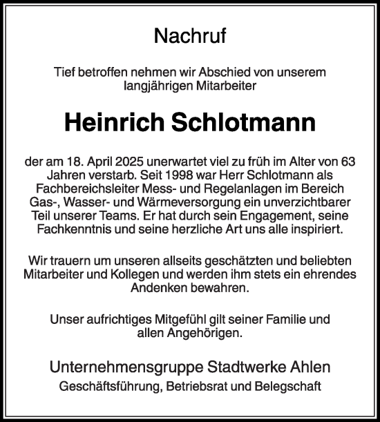 Traueranzeige von Heinrich Schlotmann von Die Glocke