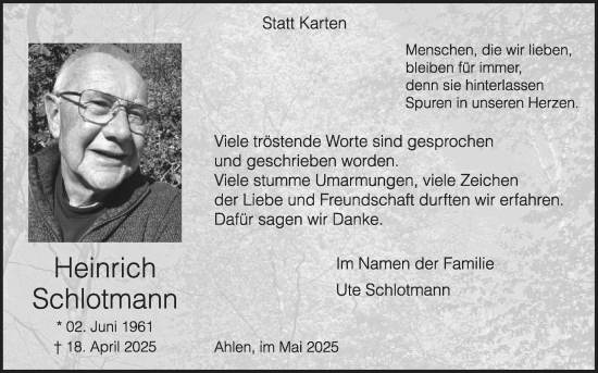 Traueranzeige von Heinrich Schlotmann von Die Glocke