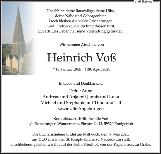 Traueranzeige von Heinrich Voß von Die Glocke