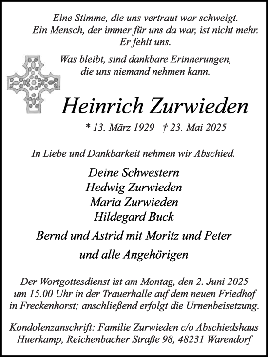 Traueranzeige von Heinrich Zurwieden von Die Glocke