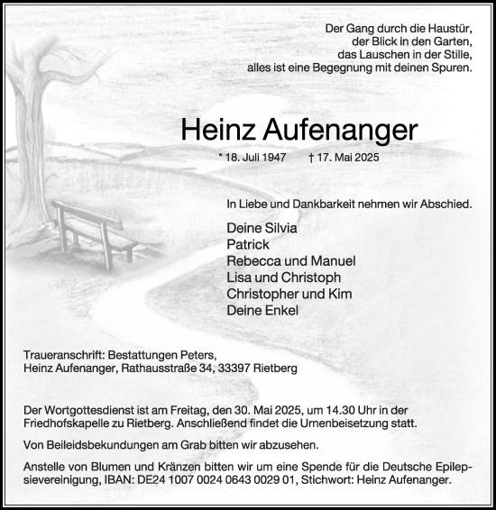 Traueranzeige von Heinz Aufenanger von Die Glocke
