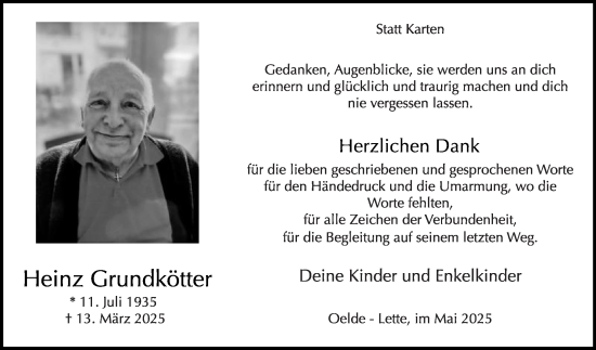 Traueranzeige von Heinz Grundkötter von Die Glocke