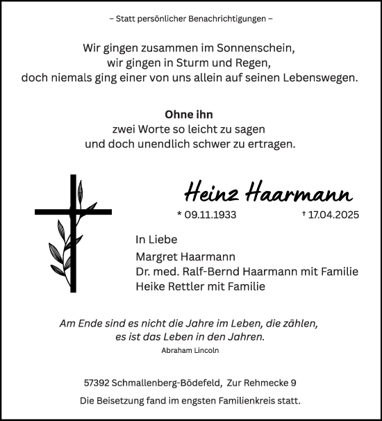Traueranzeige von Heinz Haarmann von Die Glocke