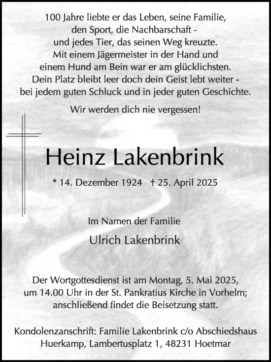 Traueranzeige von Heinz Lakenbrink von Die Glocke