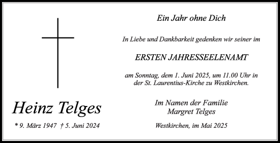 Traueranzeige von Heinz Telges von Die Glocke