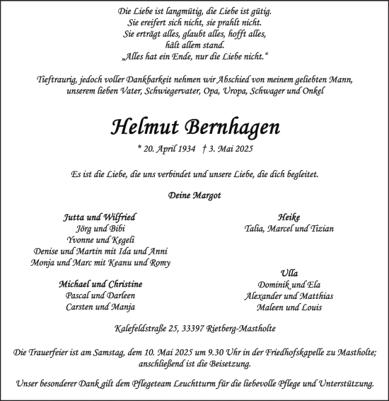 Traueranzeige von Helmut Bernhagen von Die Glocke