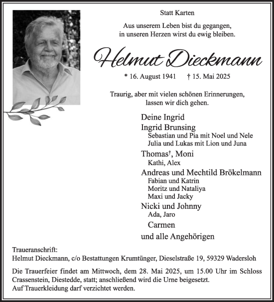 Traueranzeige von Helmut Dieckmann von Die Glocke