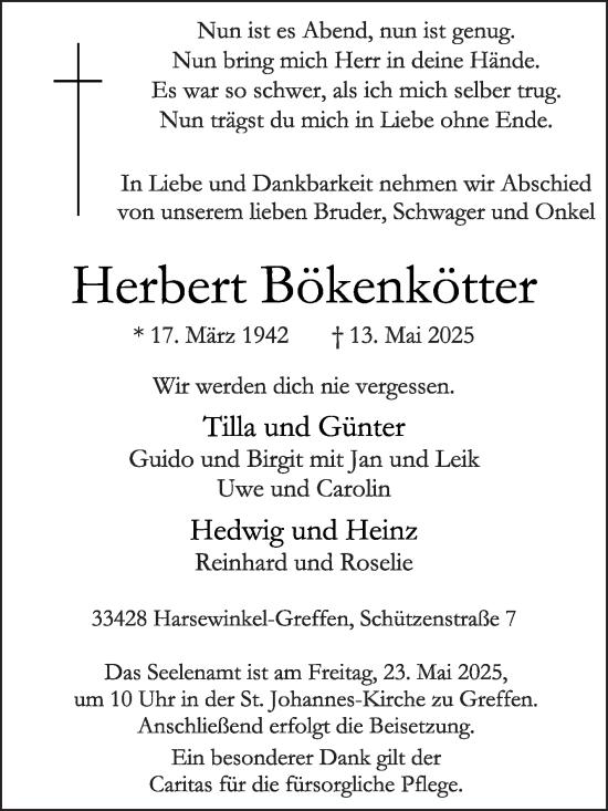 Traueranzeige von Herbert Bökenkötter von Die Glocke