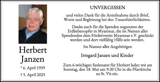 Traueranzeige von Herbert Janzen von Die Glocke