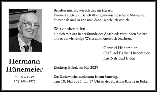 Traueranzeige von Hermann Hünemeier von Die Glocke