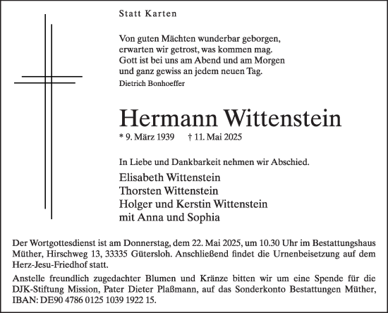 Traueranzeige von Hermann Wittenstein von Die Glocke